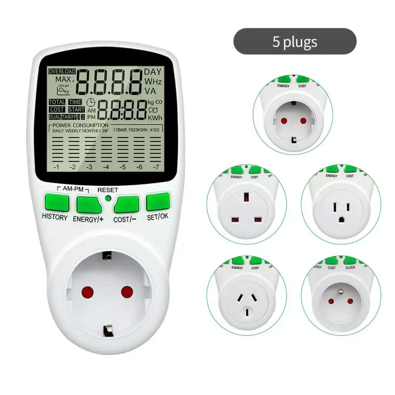 

EU Plug Socket Digital Current Meter Voltmeter AC Power Meter Time Watt Power Energy Tester Wattmeter US UK AU FR BR IT Plug