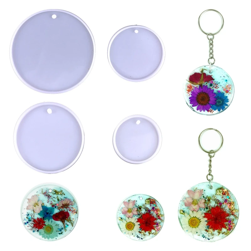 

4XBE 4Pcs DIY Four Sizes Round Keychain Silicone Epoxy Molds DIY Ornaments Pendant Crafting Mould for Valentine Gift