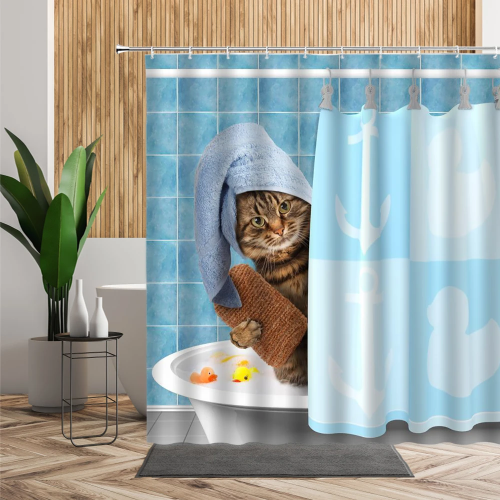 Cartoon Cute Animal Shower Curtain Set Cat Dog Anime Printed Bathroom Decor 3D Waterproof Bath Fabric Home Curtains For Children images - 6