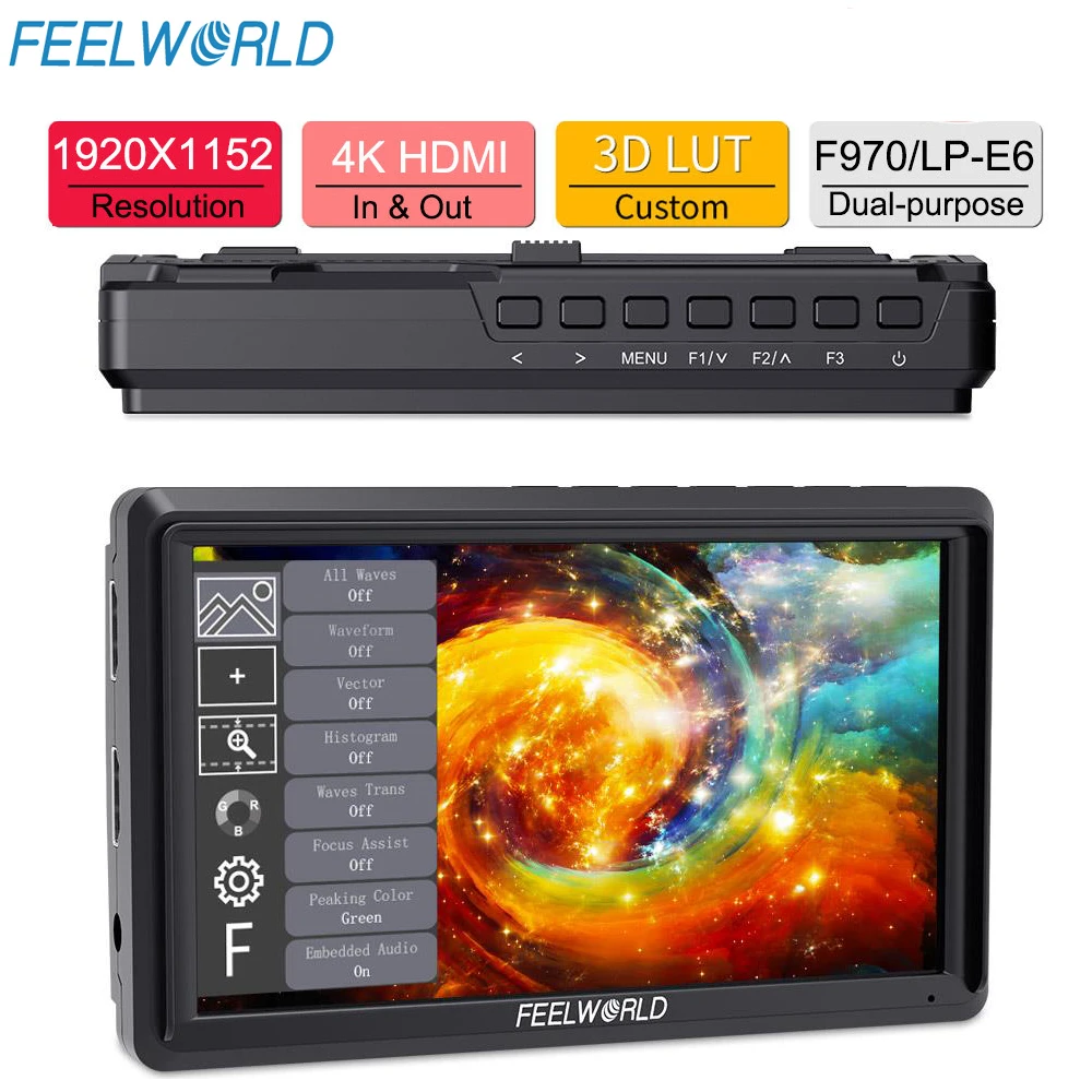 

FEELWORLD FW568 V3 6-inch 3D LUT DSLR Camera Field Monitor IPS Full HD 1920x1080 Support HDMI Input Output Tilt Arm Power Output