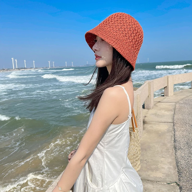 

Summer Knitted Bucket Hat For Women Girls Hollow Fisherman Hat Handmade Crochet All-Match Hat Breathable Sunscreen Sun Hats