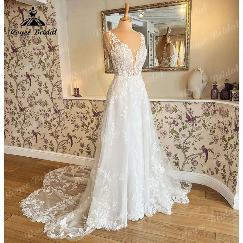 

Vestido Novia V Neck Wedding Dress for Bride 2023 Chic Boho A Line Beach Summer Wedding Gowns Open Back Lace Train Roycebridal