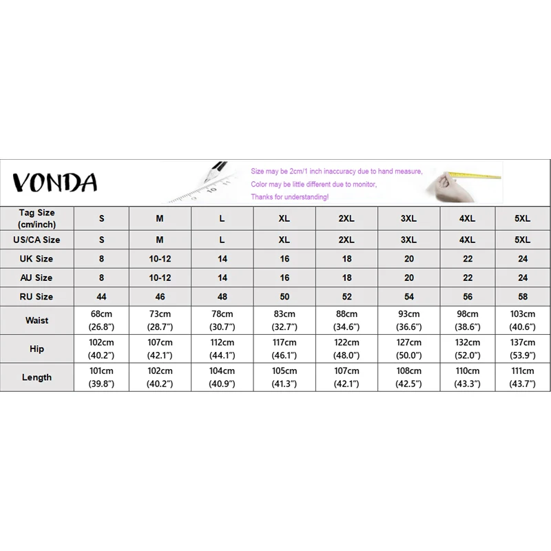 Брюки женские VONDA больших размеров, модные, длинные, весна 2026, с высокой талией, повседневные, свободные, однотонные, элегантные, в уличном стиле, широкие штанины, 5XL (art.: 3920d4fed7566) - 3920d4fed7566