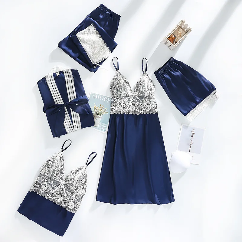 Women Satin Pajama Sets Summer Lace Sling Top&Shorts&Robe Women's Suit Long Sleeve Pijama Sleepwear With Chest Pad Home Clothes