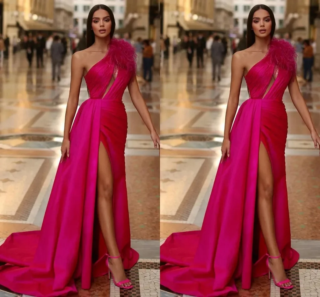 

One Shoulder Feather Prom Dresses Split Mermaid Party Wear Evening Gowns 2023 Newest Women Formal Red Carpet Dress