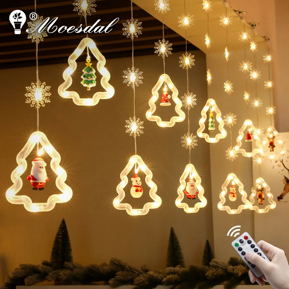 LED Christmas Stars String Lights USB with Remote Control Dimmable Curtain Lights Room Bedroom New Year Gift Party Decoration