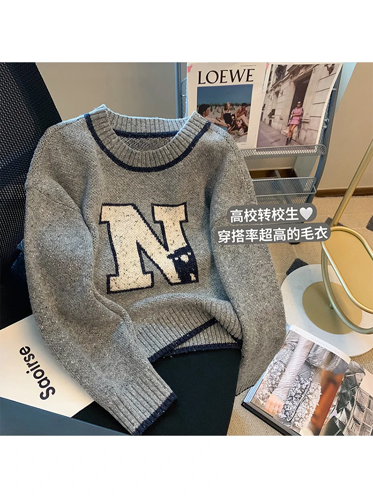 

Lettered Printing Women Autumn Winter Preppy Style Knitwear Jumper Crew-neck Baggy Long Sleeve Knitted Pullover Sweater Harajuku