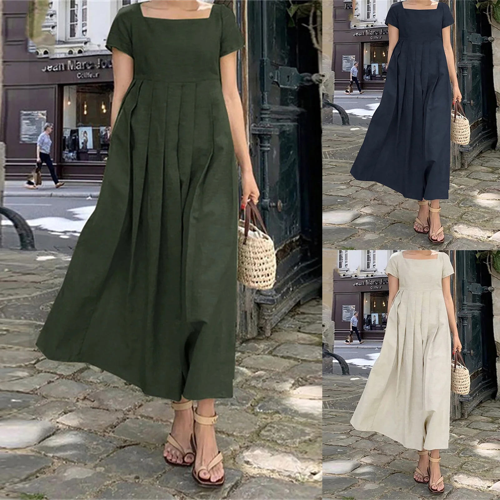 

Women Cocktail Dresses Cotton Linen Elegant Dress Square Collar Simple Solid Color Pleated Short Sleeve A-line Long Dress 2023