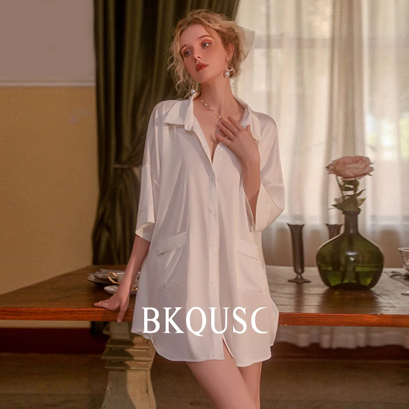 

Летняя женская рубашка с глубоким V-образным вырезом, кружевная пикантная Пижама с вырезом на спине, рубашка для женщин, однотонная пижама с длинными рукавами, женская ночная рубашка