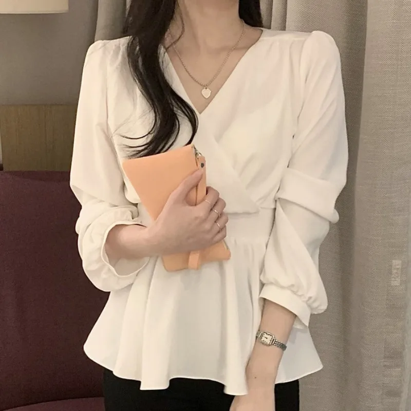 

Blusa Feminina Korean Gentle V Long Sleeve Lace Up White Chiffon Shirt Women Wild Mujer Ruffled Hem Tops Pink Blue