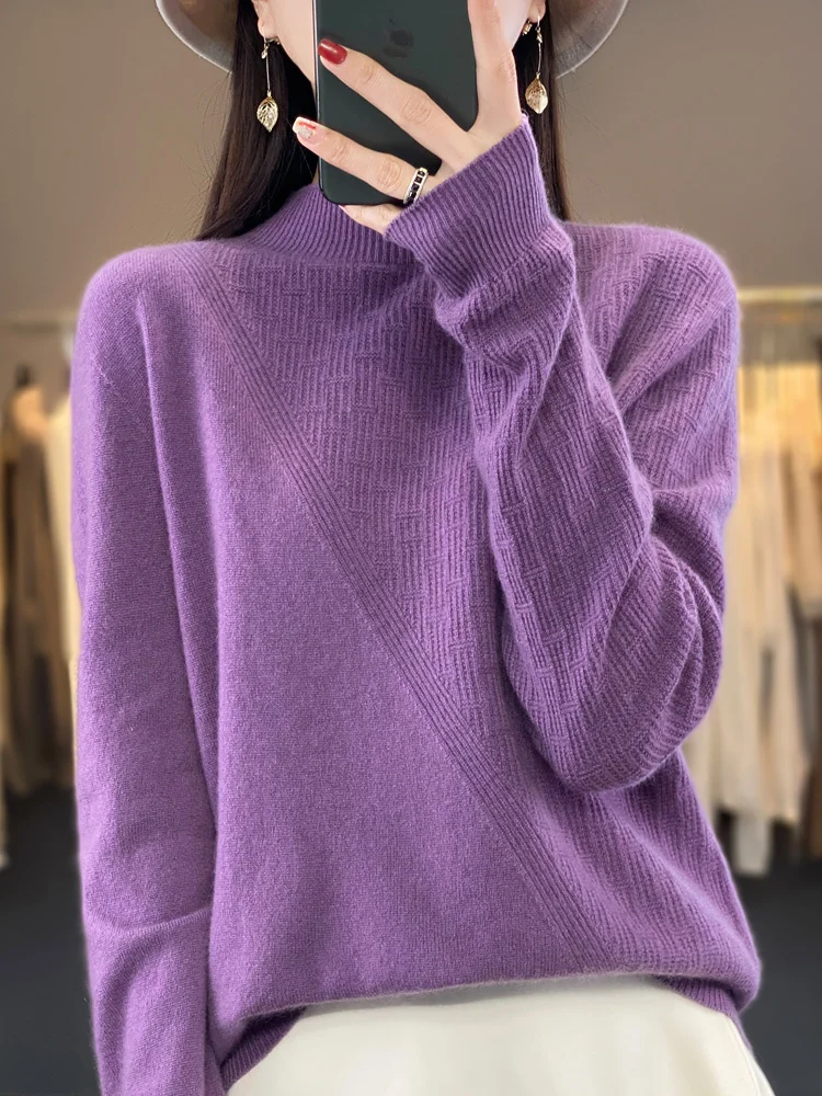 

Fashion 100% Merino Wool Traf Tops Women Jumper Sweater Mock Neck Full Sleeve Pullovers Spring Autumn Jerseys Knitwear