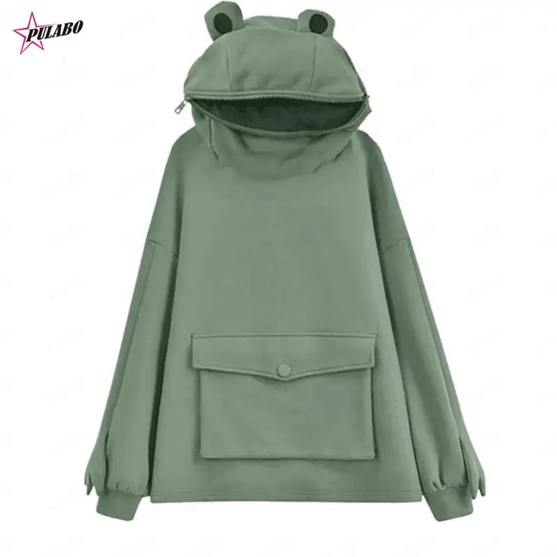

Harajuku Women Hoodie Frog Pullover Winter Sense Hooded Casual Sweatshirts Autumn Embroidery Loose Top Doll Decoration Hoodies