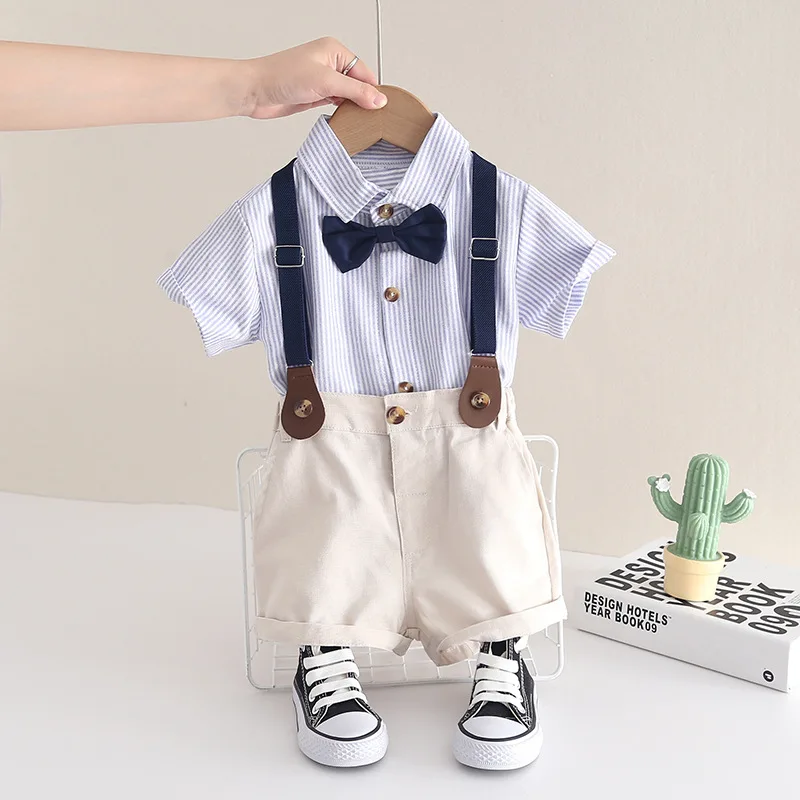 Preschool boys' clothing suit Gentlemen's short-sleeved shirt+suspender shorts 2PCS suit Newborn boys' summer clothing suit