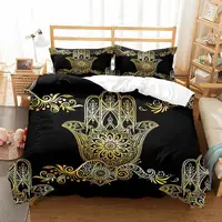 Hamsa Hand Duvet Cover King Queen Boho Black Gold Lucky Hand of Fatima Bedding Set Hippie Paisley Tribal Polyester Quilt Cover