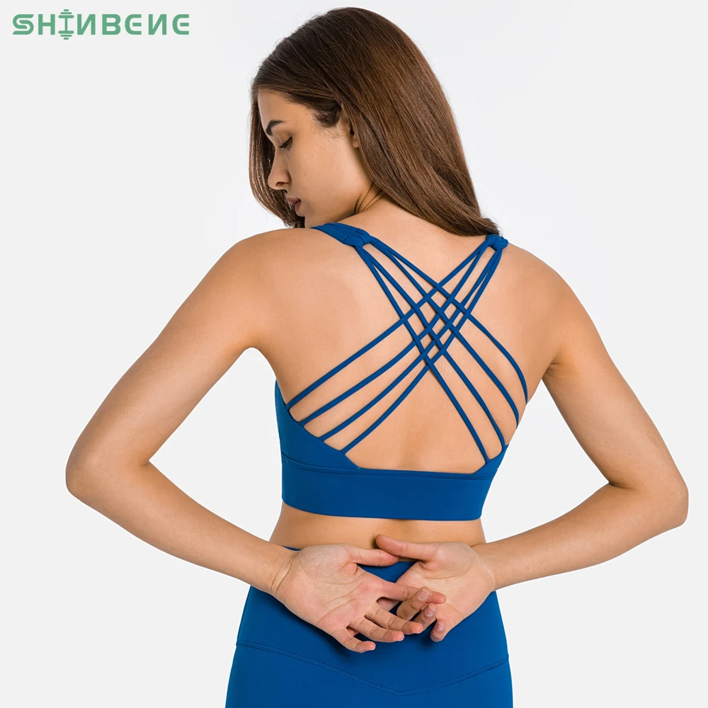 

SHINBENE Strappy Cross Strap Gym Fitness Bras Women Push Up Padded Yoga Sports Bras Workout Tops Wireless Athletic Brassiere