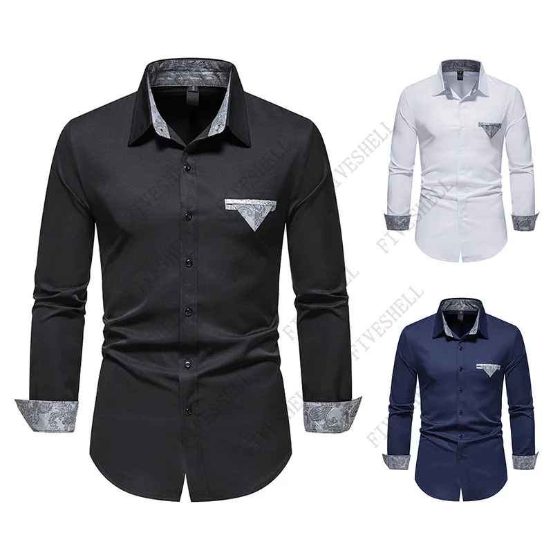 2023 White Contrast Paisley Shirt Men Slim Fit Long Sleeve Business Casual Shirt Mens Casual Button Down Dress Shirts XXL