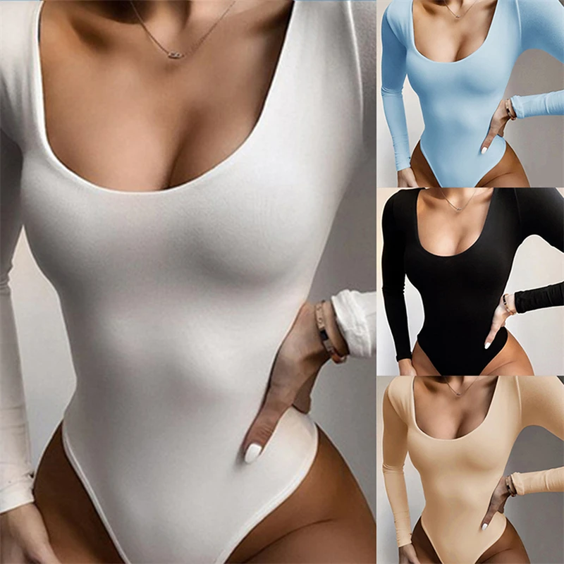 

Женские Боди с длинным рукавом, уличная одежда, сексуальный облегающий топ с квадратным вырезом и промежностью, базовые черные комбинезоны,...
