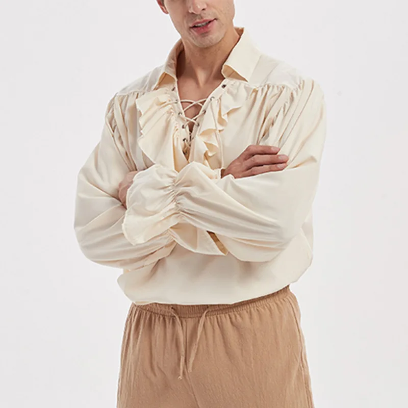 

Men Shirt Long Sleeve Ruffle Tie V Neck Lantern Sleeve Loose Solid Color Retro Medieval Spring and Autumn Pullover Shirt Top
