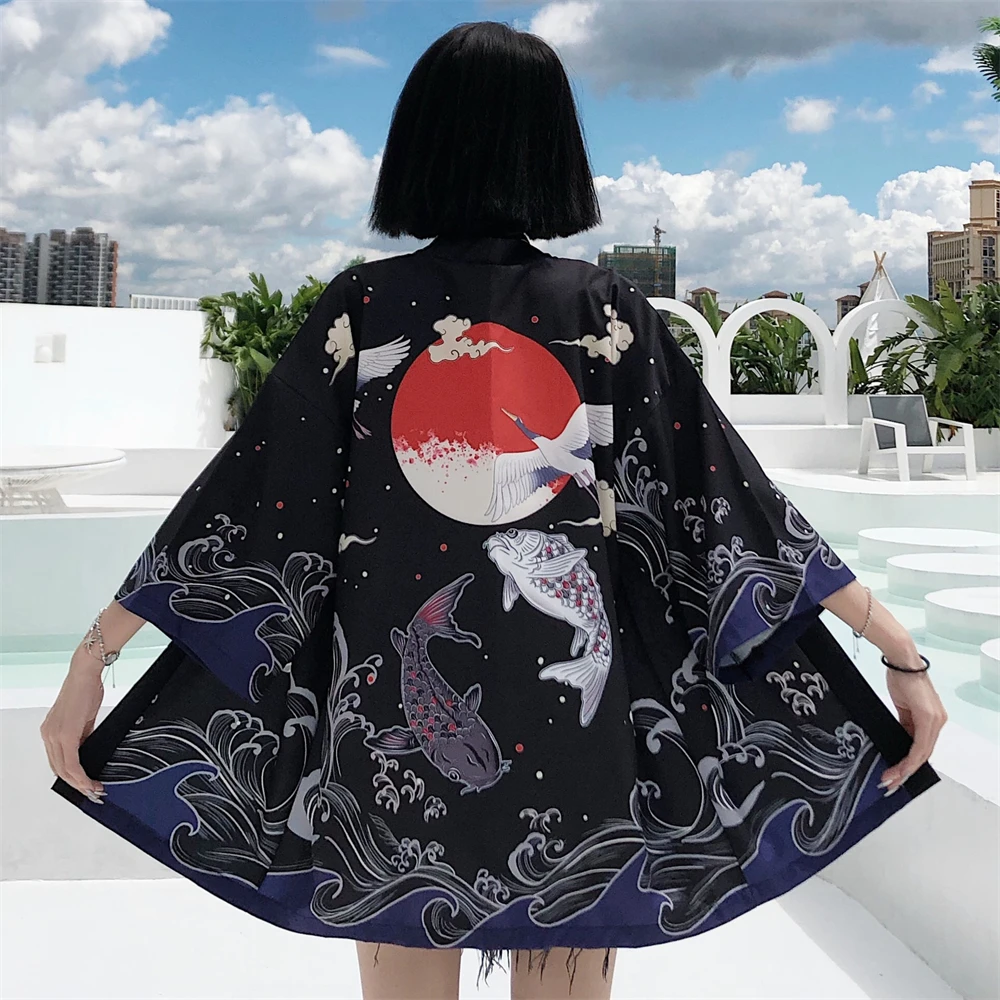 

Yukata Women Fashion Black Crane Print Cardigan Blouse Haori Obi Asian Clothes Harajuku Japanese Cosplay Sunscreen Kimono