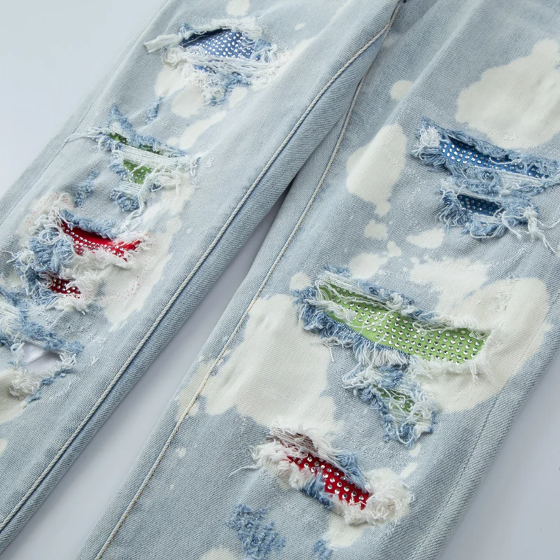 High Street Fashion Men Jeans Retro Light Blue Elastic Skinny Fit Ripped Jeans Men Painted Designer Patched Hip Hop Brand Pants
