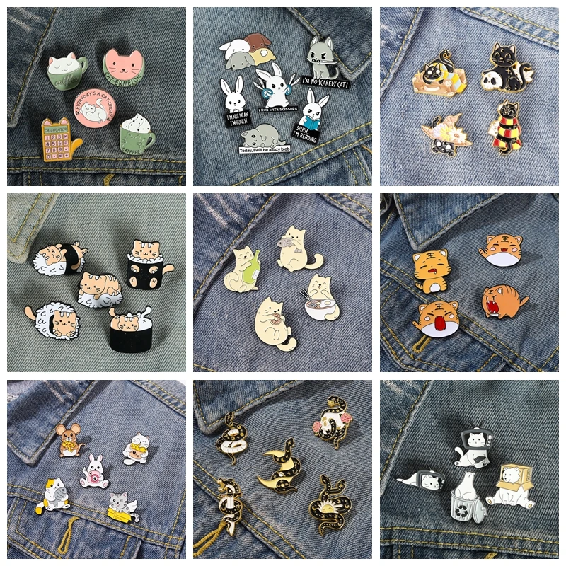 Cartoon Cute Cats Combined Set Shape Women'S Brooches Simplicity Pop-Enamel Pins Lapel Badges For Kids Funny Jewelry Wholesale