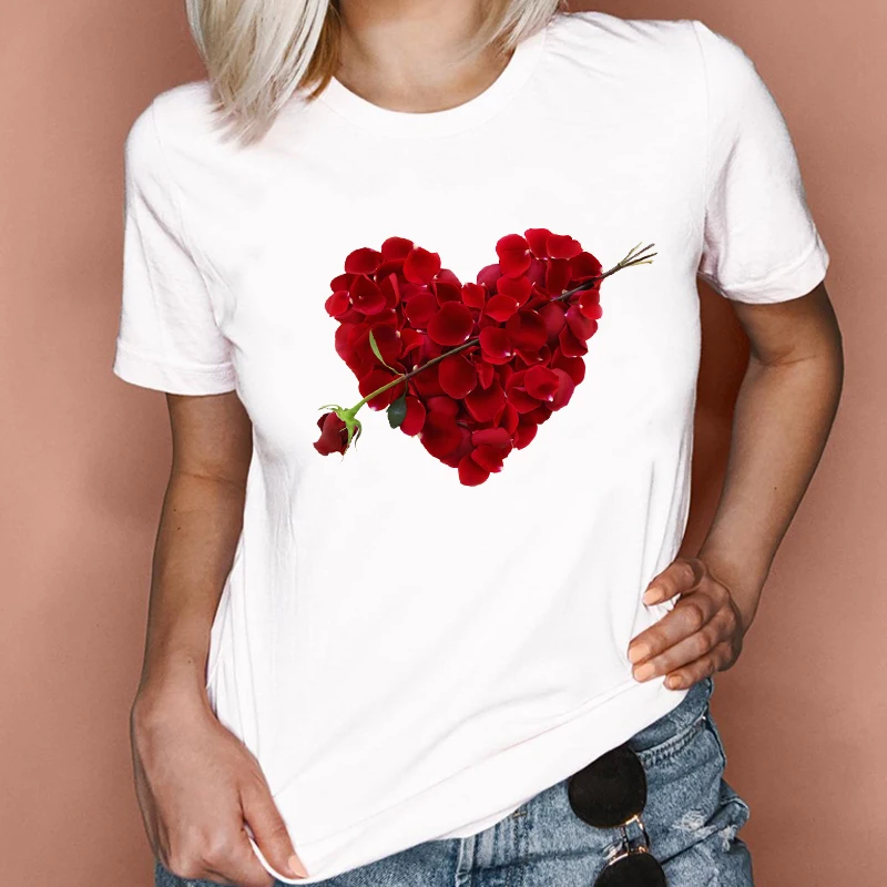 

Women Graphic 2021 Flower Elegant Fashion Sweet Love Valentine Lady Vacation Tops Tees Print Wear Tshirt T-Shirt