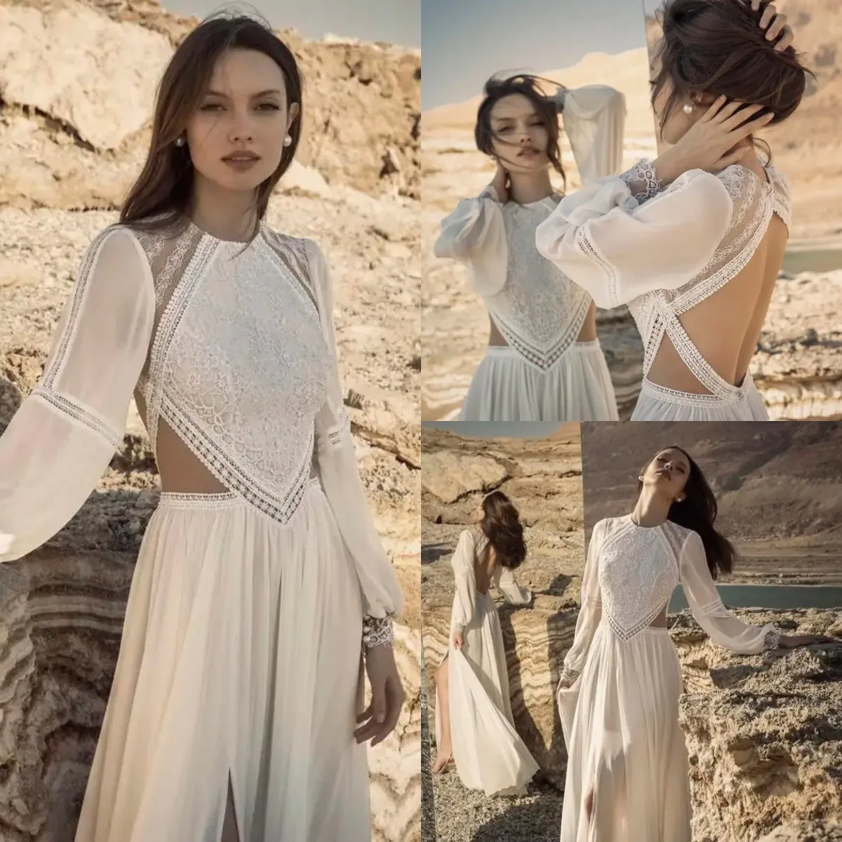 

Bohemian 2022 Split Chiffon Wedding Dress Lace Long Sleeve Bridal Dresses A Line Wedding Gowns Vestido de Noiva