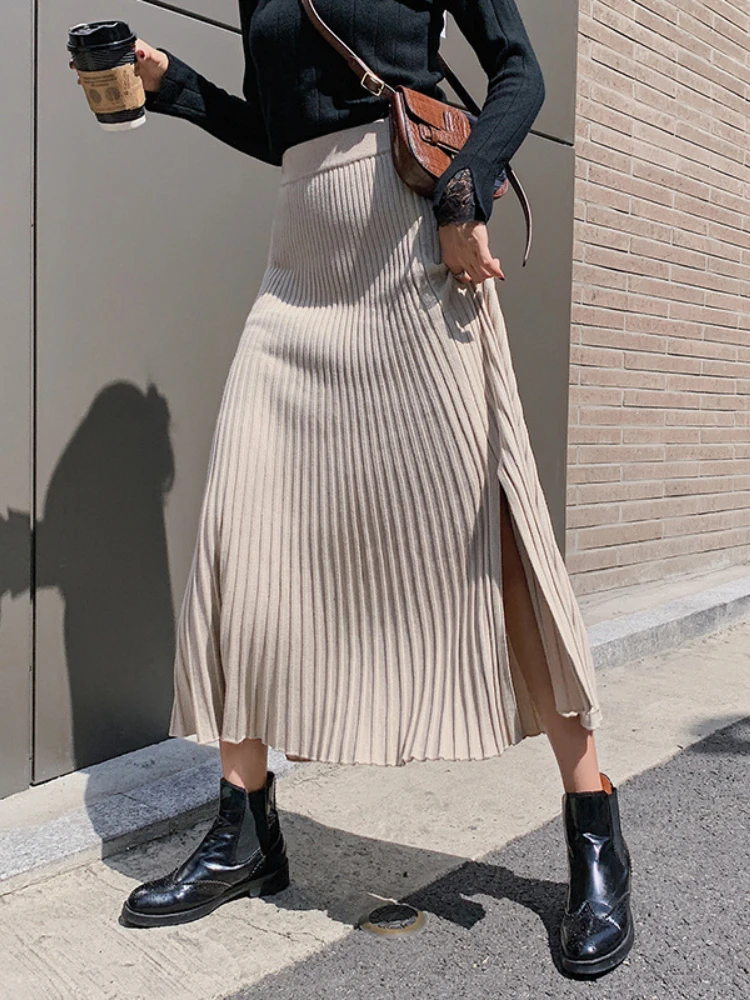 

Knitted Long Skirts for Women Fashion 2023 High Waisted Pit Stripe Thickening Skirts for Women Solid Winter New Slit Black Skirt