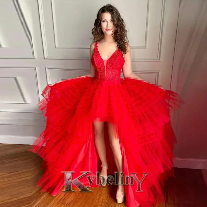 

Kybeliny Red High-Low Evening Dresses Tiered LaceUp V-Neck Prom Robe De Soiree Graduation Celebrity Vestidos Fiesta Women Formal