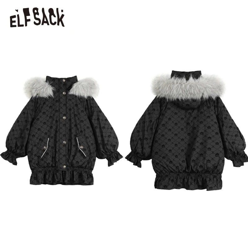 ELFSACK Black Vintage Down Coats Women 2022 Winter New Design Short Outwears
