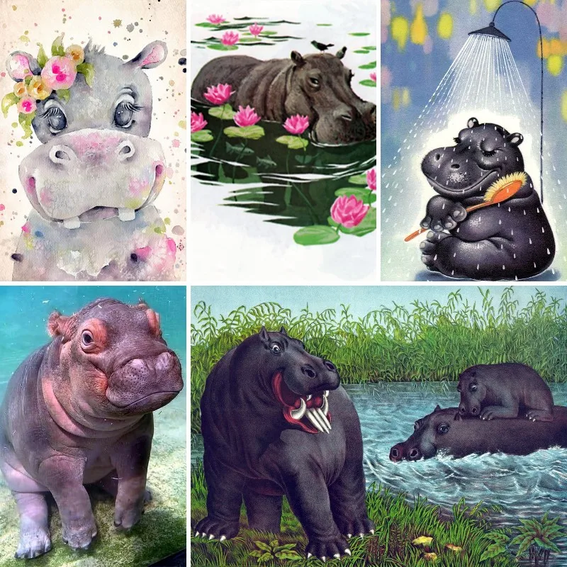 

5D Diamond Painting Hippo in Shower Embroidery Full Square/Round Resin Rhinestone Animals DIY Cross Stitch Mosaic Decor Gift