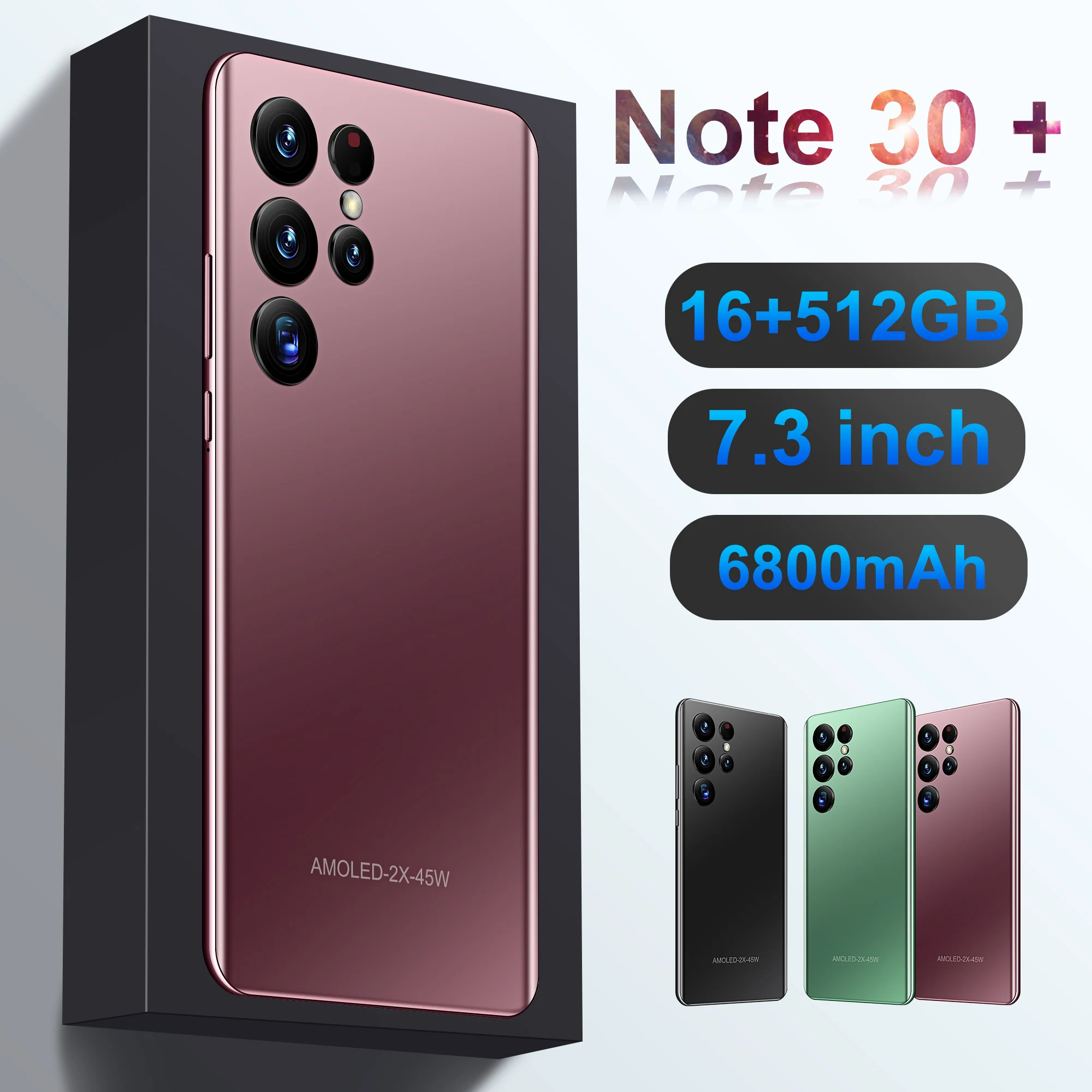

2022 New Arrival Note 30+ 7.3 Inch 10 Core Dual SIM+Micro SD 5G LTE Cellphones Global 16+512GB 48MP+72MP Face ID Smart Phone