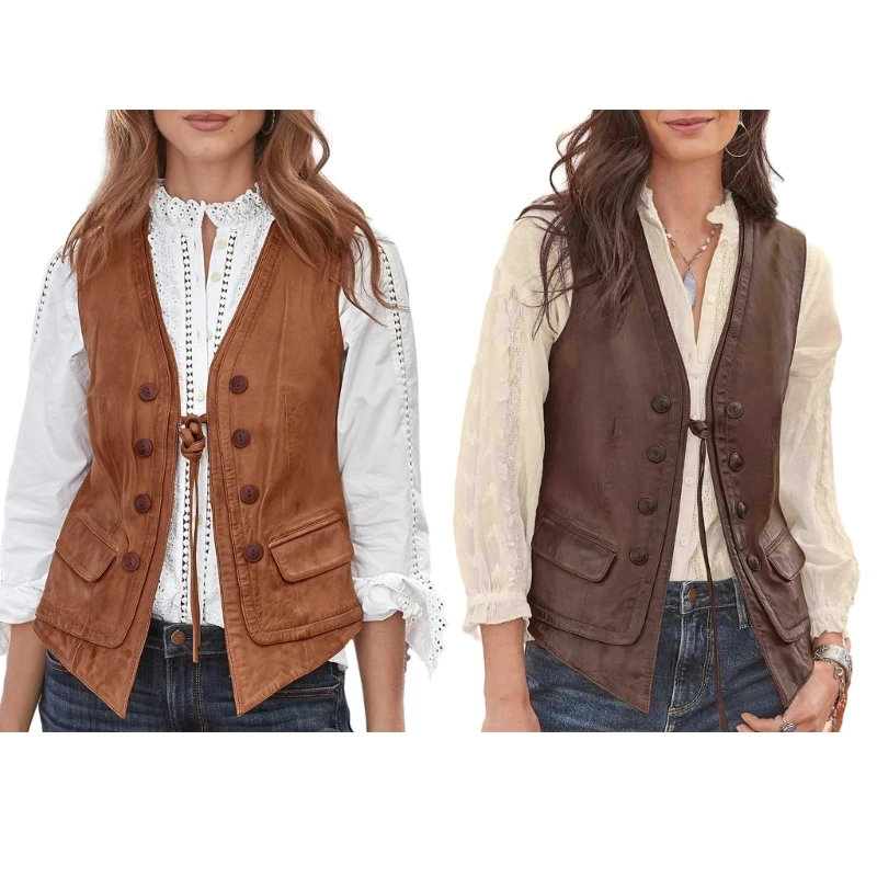 

Faux Leathers Sleeveless Open Front Vest Cardigans Retro Lace Up Jackets