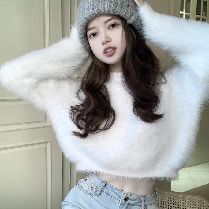 

Mohair Plush Cropped Sweater Women 2022 Autumn Soft Long Sleeve Outwear Pullover Korean Ins Solid Female All Match Knitwear Tops