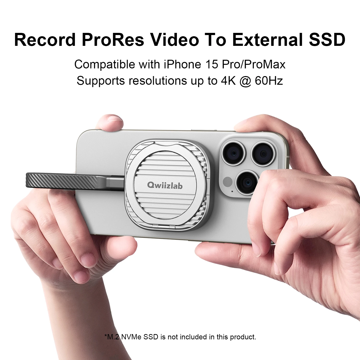 Фото Qwiizlab Magnetic M.2 2230 NVMe SSD Enclosure with Kickstand and Magsafe for iPhone 16 15 Pro Max ProRes, 10Gbps USB 3.2 Type-C №3