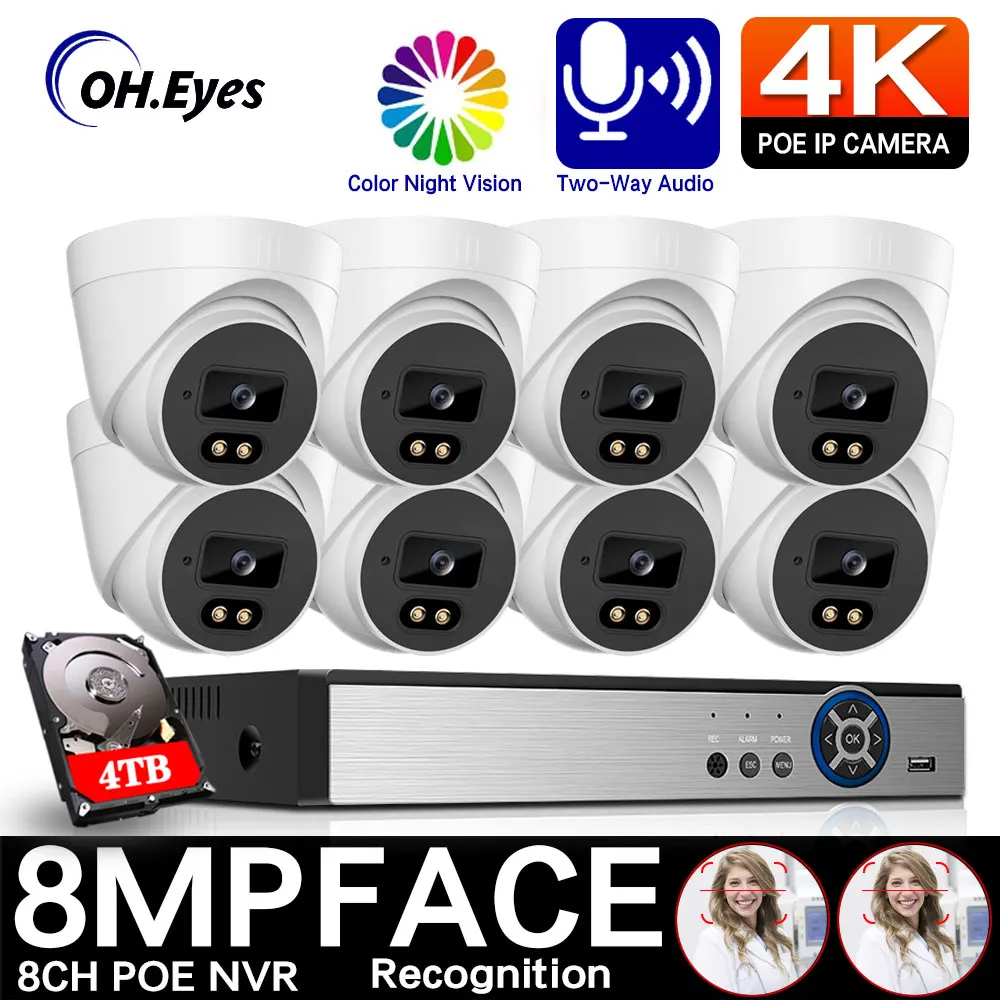 

HD 4K AI распознавание лица 8CH 8MP NVR Kit Двусторонняя аудиосвязь/купольная IP-камера POE CCTV система безопасности комплект наружной видеосистемы 4T
