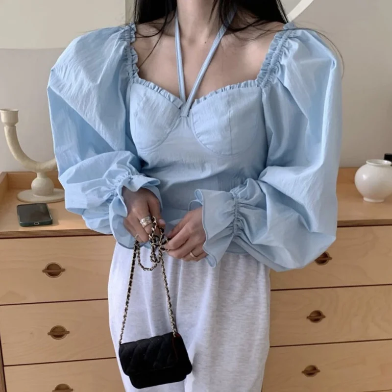 

Женская рубашка с квадратным вырезом, розовая Повседневная рубашка с лямкой на шее и пышными рукавами, лето 2023