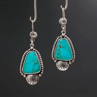 vintage water droplets blue stone earrings bohemian jewelry ethnic silver color metal carving flower dangle earrings for women