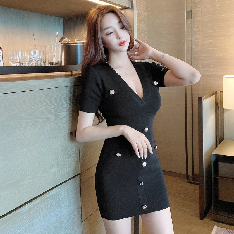 

Summer Elegant Temperament Deep V-Neck Black Dress Office Lady Knitted Stretch Dress Women Clothing