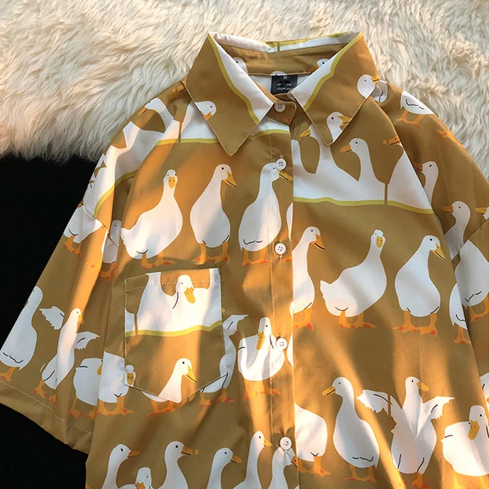 

Рубашка для влюбленных с коротким рукавом и принтом утки, женская летняя свободная Облегающая рубашка в стиле Харадзюку Y2K, ретро, оригинальная рубашка для мужчин и женщин, новинка 2023