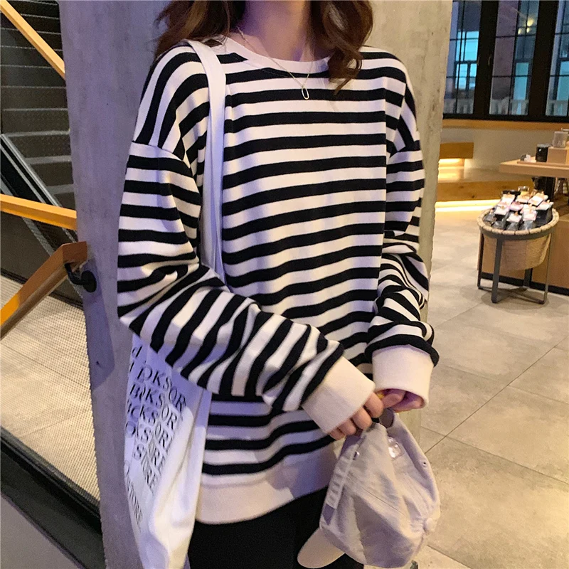 

Autumn Cotton Hoodies Women O-Neck Stripe Leisure Simple Korean Pullovers Femme Black Thin Sweatshirts Clothes