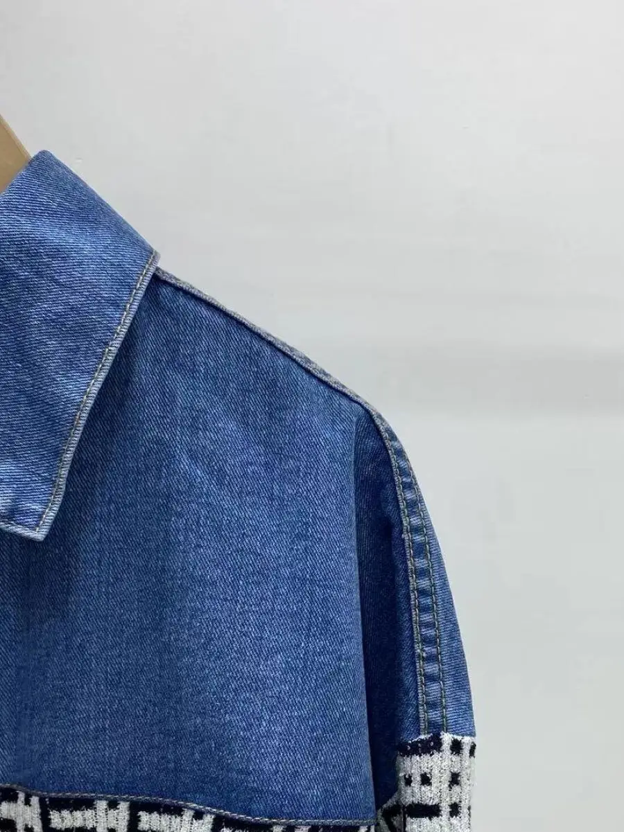 

Women Letters Jacquard Denim Stitching Single Breasted Cardigan Short Coat