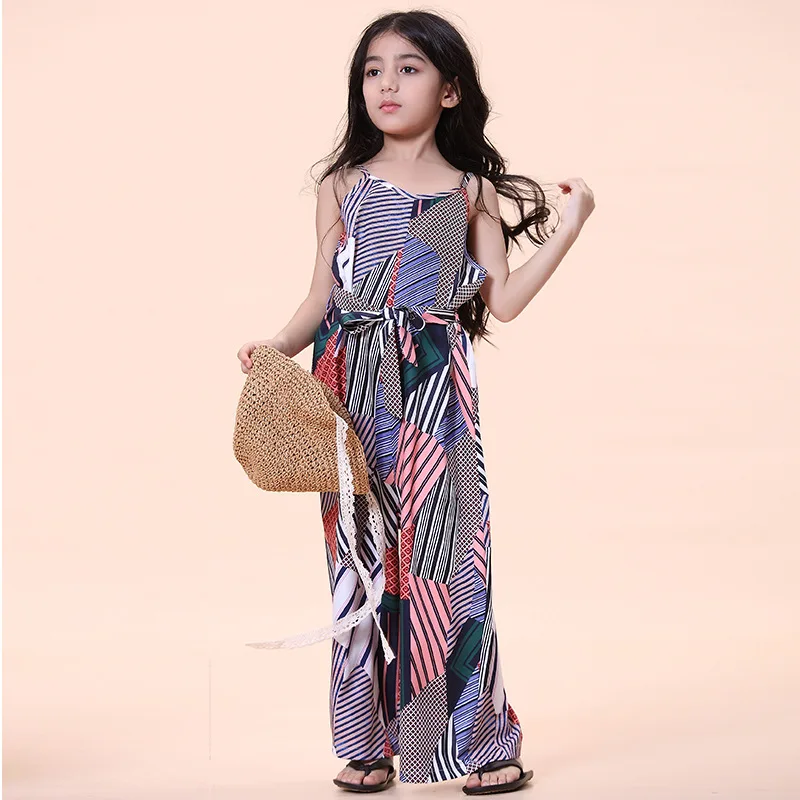 

8 10 12 years Geometric Print Bohemia Girls Outfits Summer Print Overalls Baby Teenager Wide-leg Pants