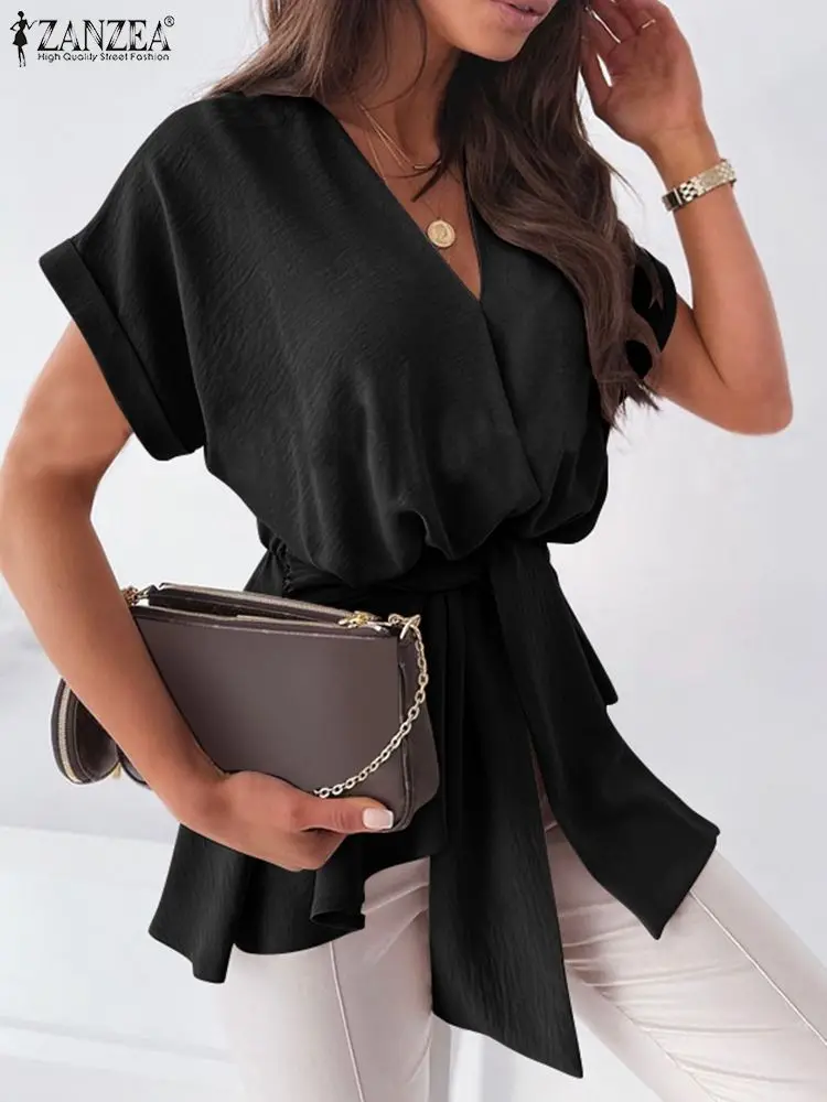 

Women Summer Blouse 2022 ZANZEA Office Solid Tops Fashion Short Sleeve Bandage Blusas Feminina Lady Casual V Neck Shirt Oversize