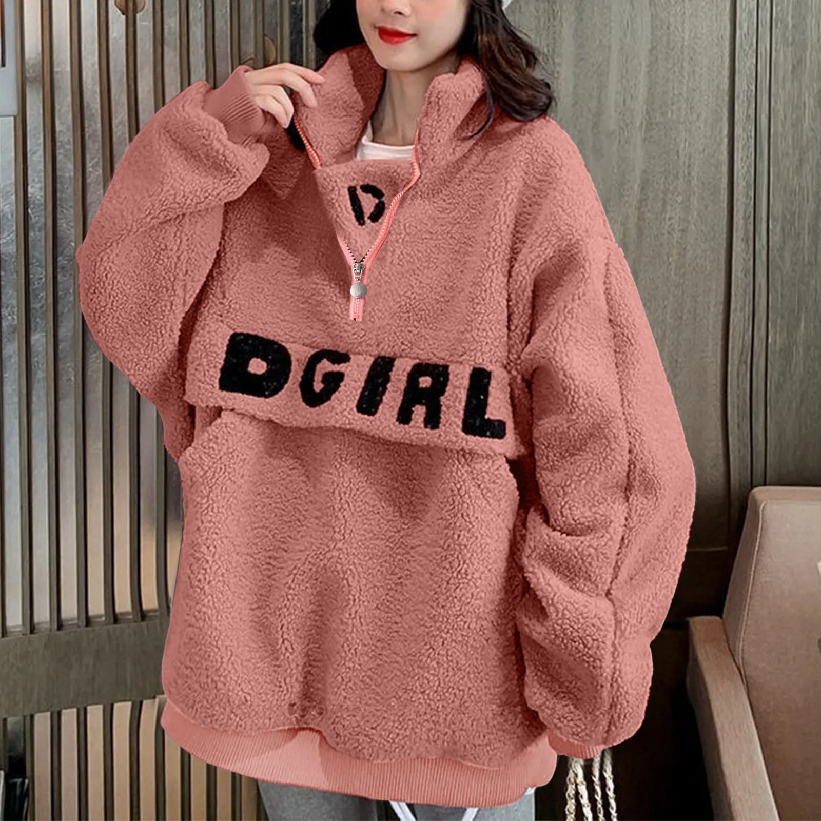 

Autumn Winter Half Zipper Stand Collar Sweatshirts Women Lamb Fleece Letter Sweatershirt Loose Plush Pullover Oversize Top 2023