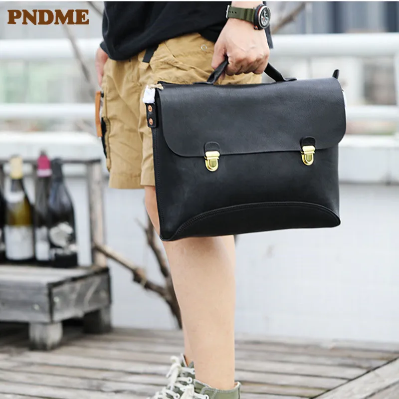 PNDME Vintage Fashion Luxury Designer Natural genuine Leather Men briefcase Outdoor Work Lawyer Office notebook computer bag