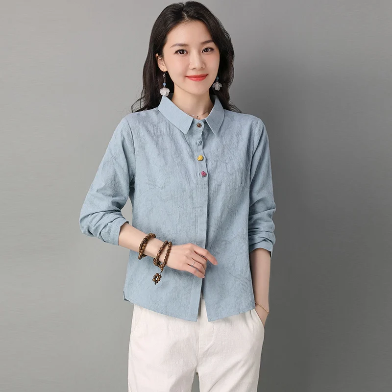 

Женские топы в китайском стиле, блузки, женская льняная блузка, Женская туника с рукавом до локтя, элегантные рубашки с отложным воротником, ...