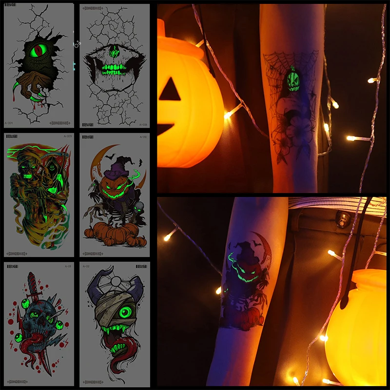 

Водостойкая Временная светящаяся поддельная татуировка на руку для боди-арта, светящаяся татуировка для женщин и мужчин, наклейка на Хэлло...