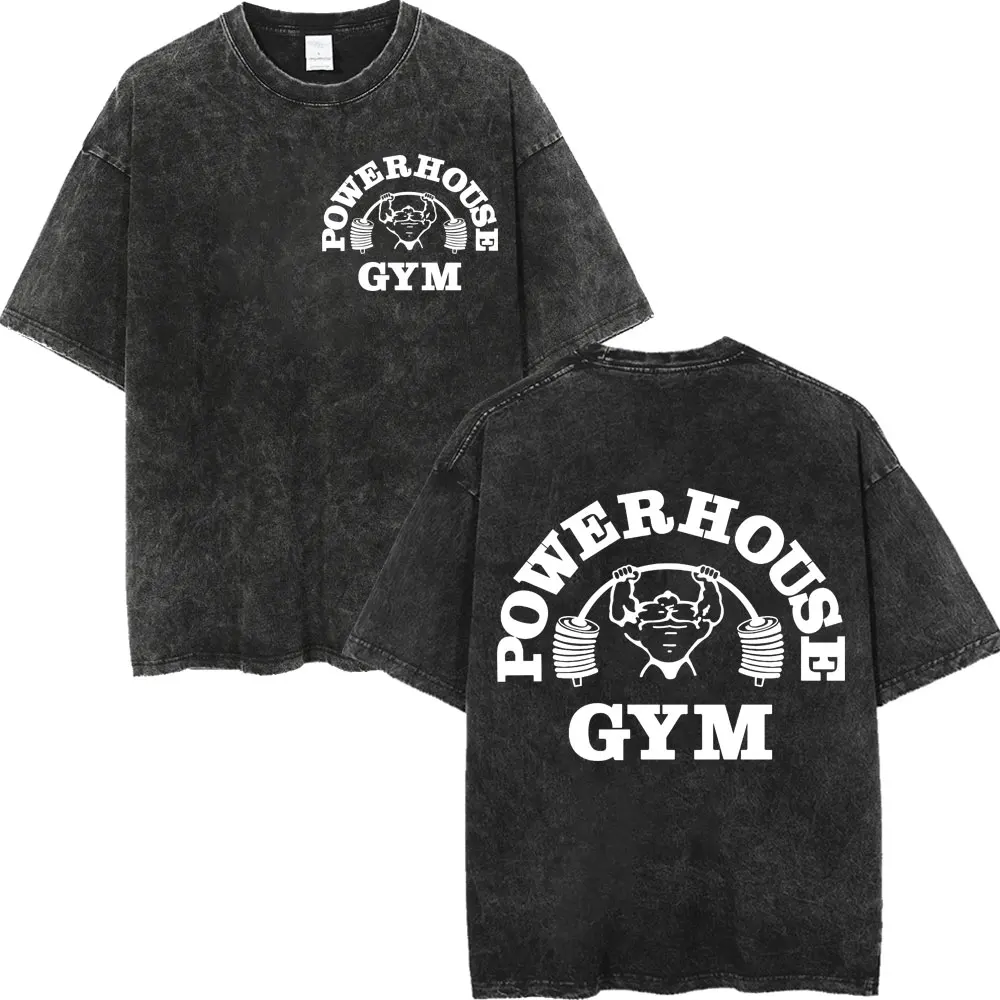 Фото Футболки с двусторонним принтом и логотипом Powerhouse Gym, модная потертая футболка в стиле ретро для мужчин и женщин, повседневные свободные хлопковые футболки №1