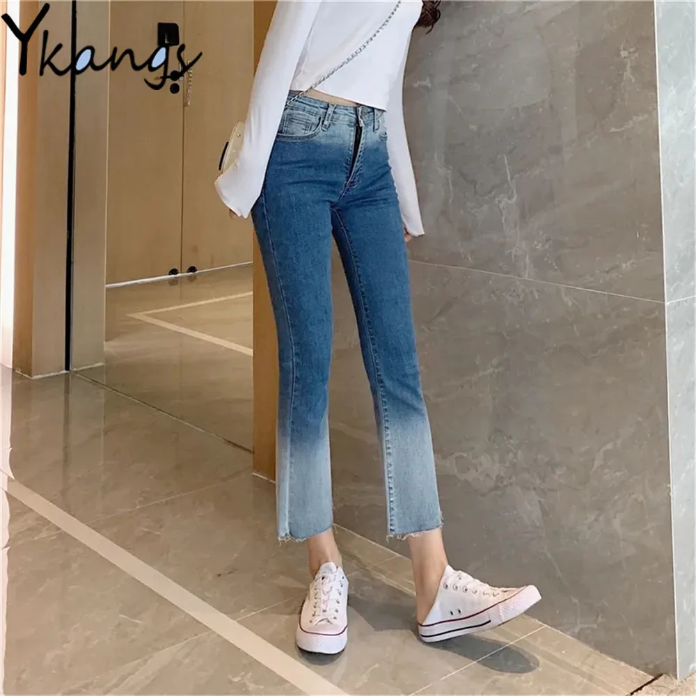 Color Contrast Gradient Stretchy High Waist Boot Cut Jeans Women Korean Fashion Flared Denim Pants Harajuku Plus Size Trousers